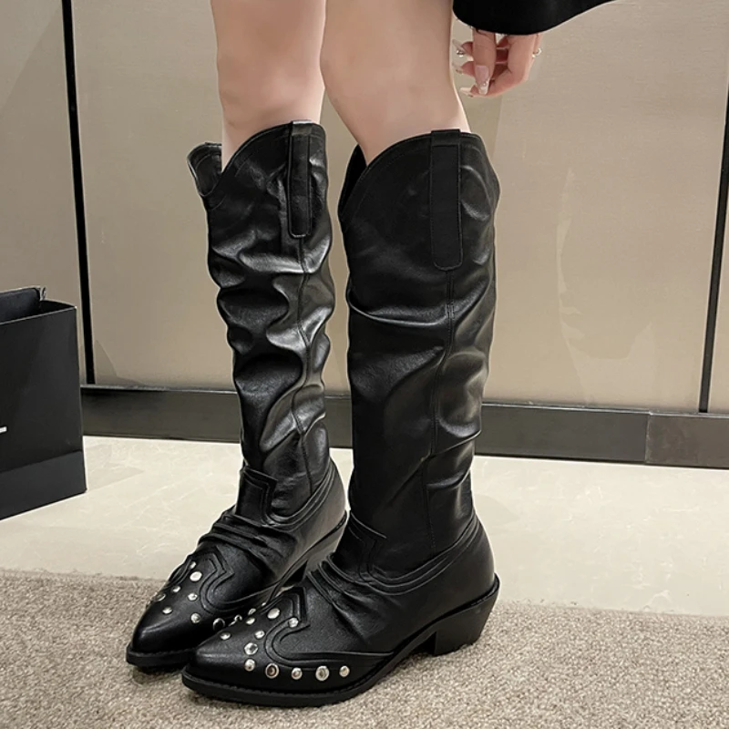 

Women Knight High Boots New Knee-high Solid PU Pointed Personality Rivets Tassel Belt Buckle Ladies Fashion Street Western Boots