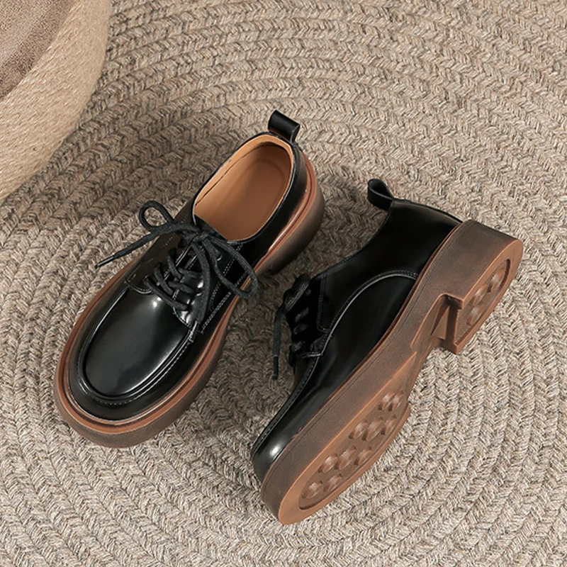 Platform Oxfords Loafers Women Lace Up Round Toe Eco-friendly Leather Shoes Mixed Color Casual Dress Ladies Shoes Handmade 4.5cm
