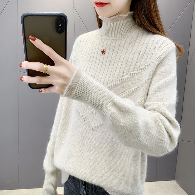 

Fashion Half High Collar Knitted Sweater Women Pullover Jumpers Ladies Solid Color Half Turtleneck Long Sleeve Knit Tops Female