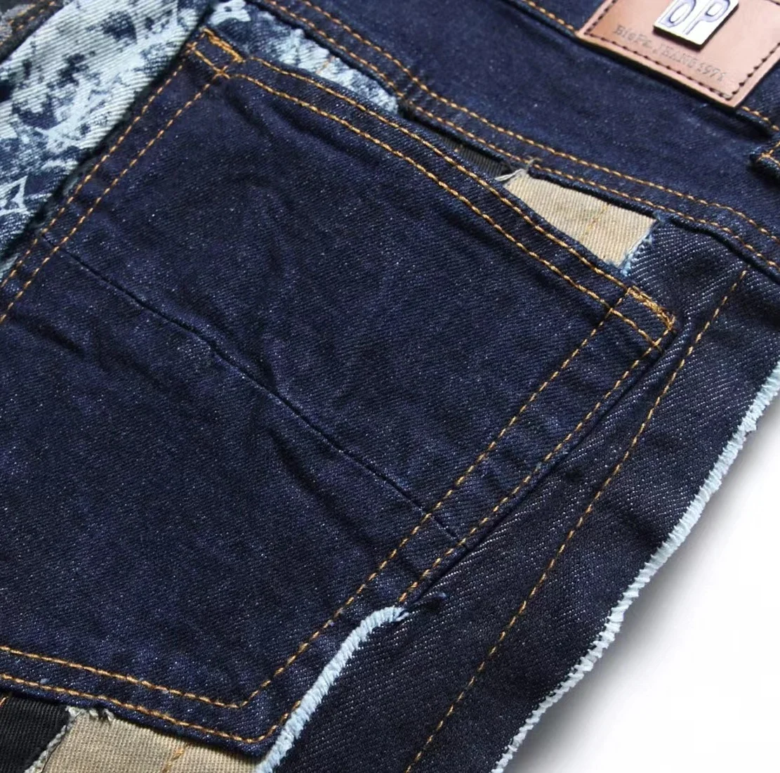 Seasonal Patchwork Jeans Men's Embroidered Letter Arrangement Slim Fitting Cotton Elastic Plaid Lining Luxurious High Street 024