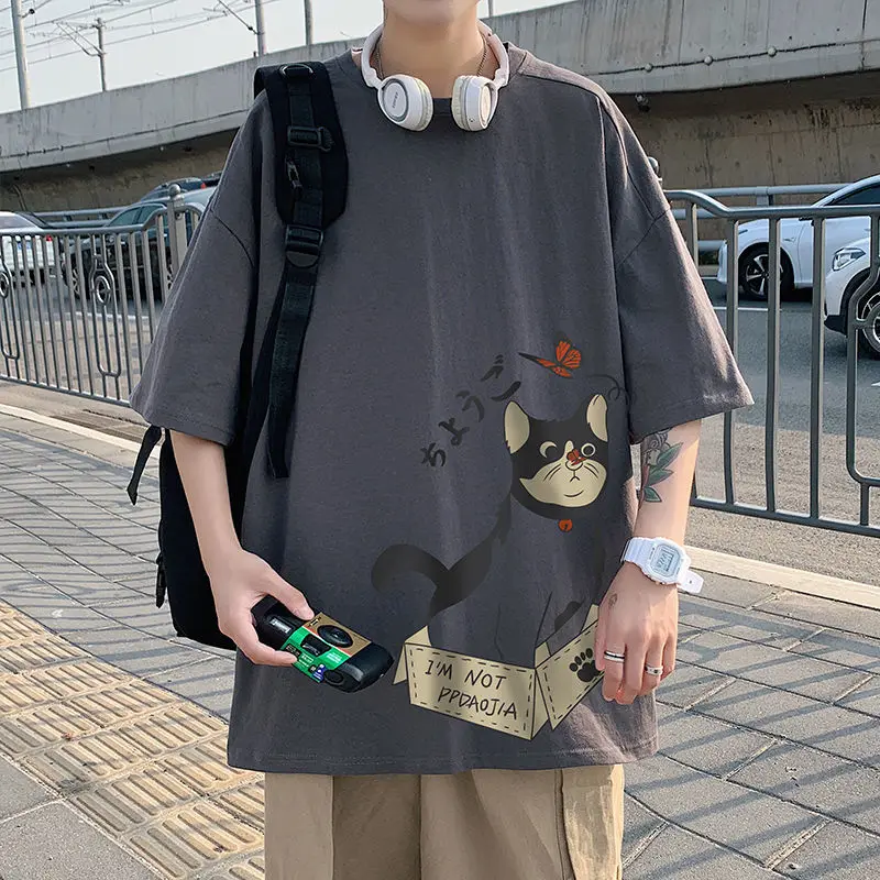 

Summer Men Short-sleeved T-shir Tmen Hong Kong Style Lovers Lovely Anime Cat Print Hip-hop Loose Casual Preppy Oversized T Shirt