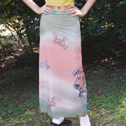 Женская длинная юбка-годе ALLNeon Y2K, с градиентным принтом собак, эластичная талия, шикарная уличная одежда, 2023