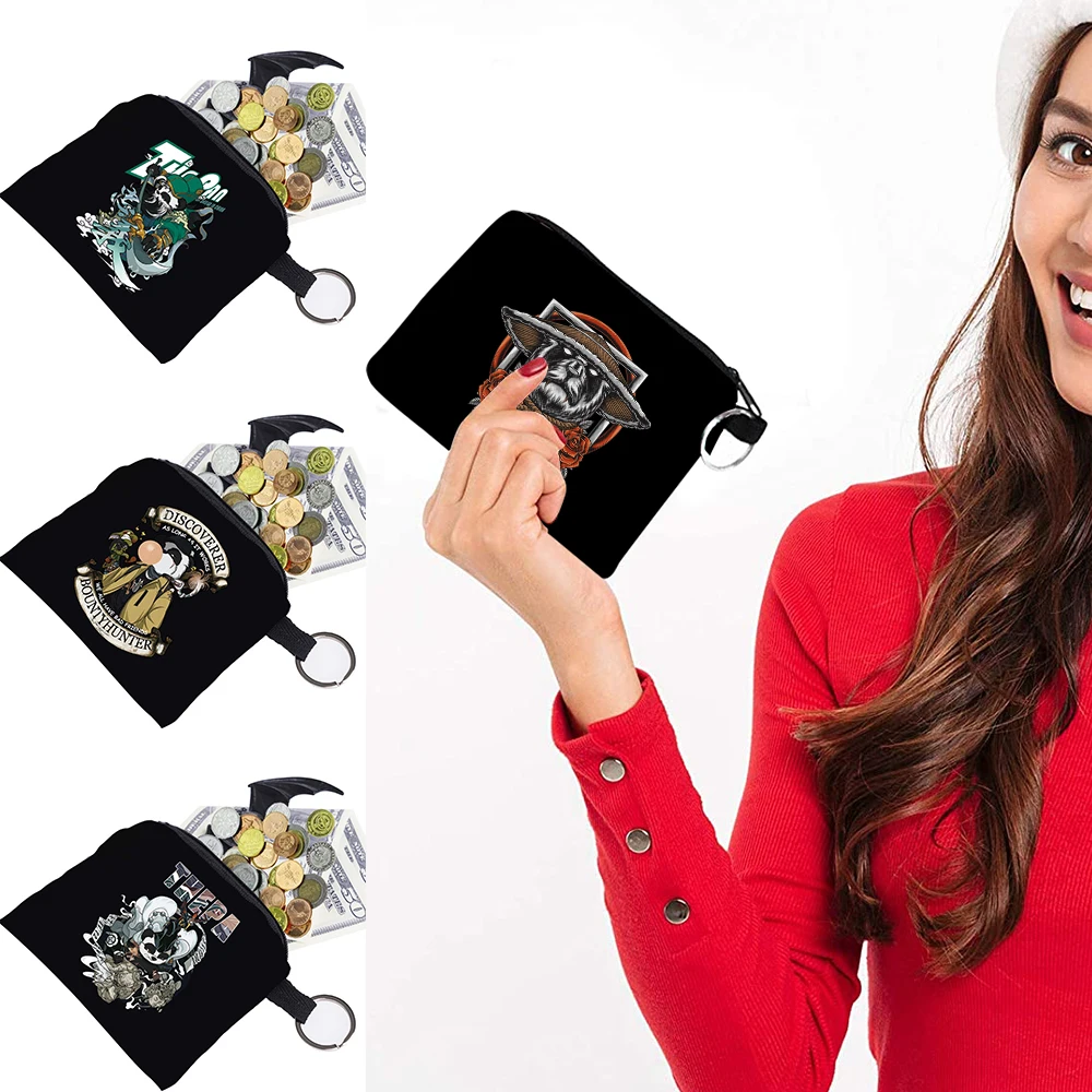 

Wallet Women Anime Samurai Pattern Print Small Coin Pouch Keyring Bag Canvas Female Zipper Coin Purse Organizer Headset Bag Case