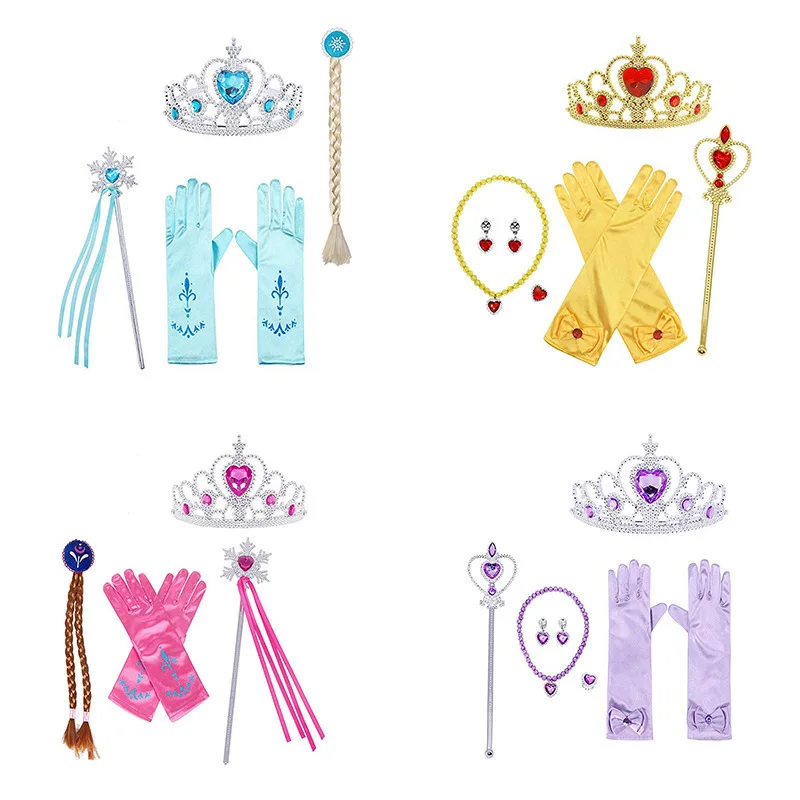 

Girls Elsa Anna Accessories Set Kids Party Princess 4 Piece Set Snow Queen Snowflake Magic Wand Tiara Crown Gloves Wig Braid