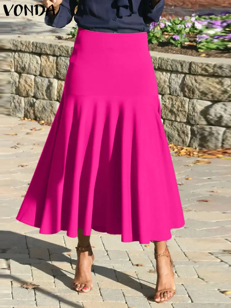 

Oversized Elegant Skirts VONDA 2023 Summer High Waist Casual Loose Solid Pleated Midi Skirt Women Zipper A-Line Party Bottoms