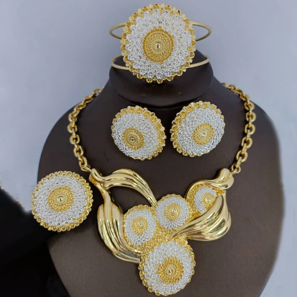 

Dubai African Jewelry Set Luxury Flower Earrings and Necklace Bracelet Ring For Woman Weddings Bridal Gifts Party Accessories