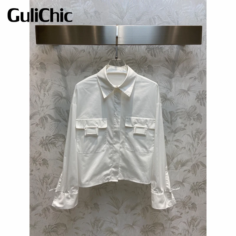 11.12 GuliChic Women White Cotton Short Shirt Casual Fashion Solid Color Letter Pocket Drawstring Cuffs Blouse