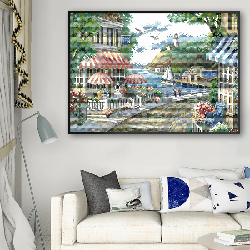 

The Seaside Cafe DIY Printed Cross Stitch Kits14CT Ecological Cotton Thread Home Decor Painting Living Room Study Bedroom44X33cm