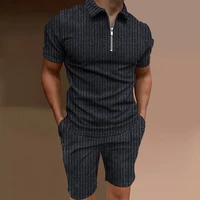 2022 new asian size s 3xl mens stripe zipper lapel polo shirt short sleeve 2 piece brand suit summer