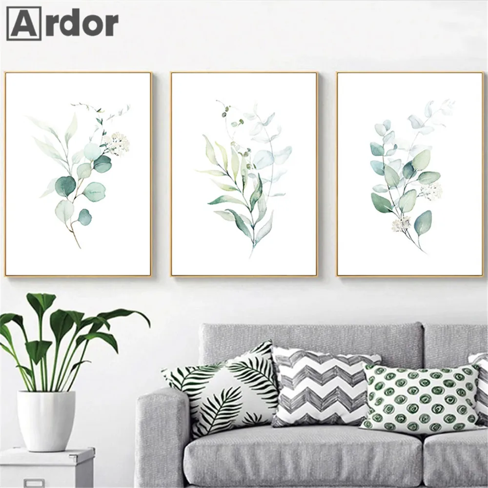 

Green Plant Leaf Canvas Print Eucalyptus Branch Leaves Poster Botanical Wall Art Painting Nordic Wall Pictures Living Room Decor