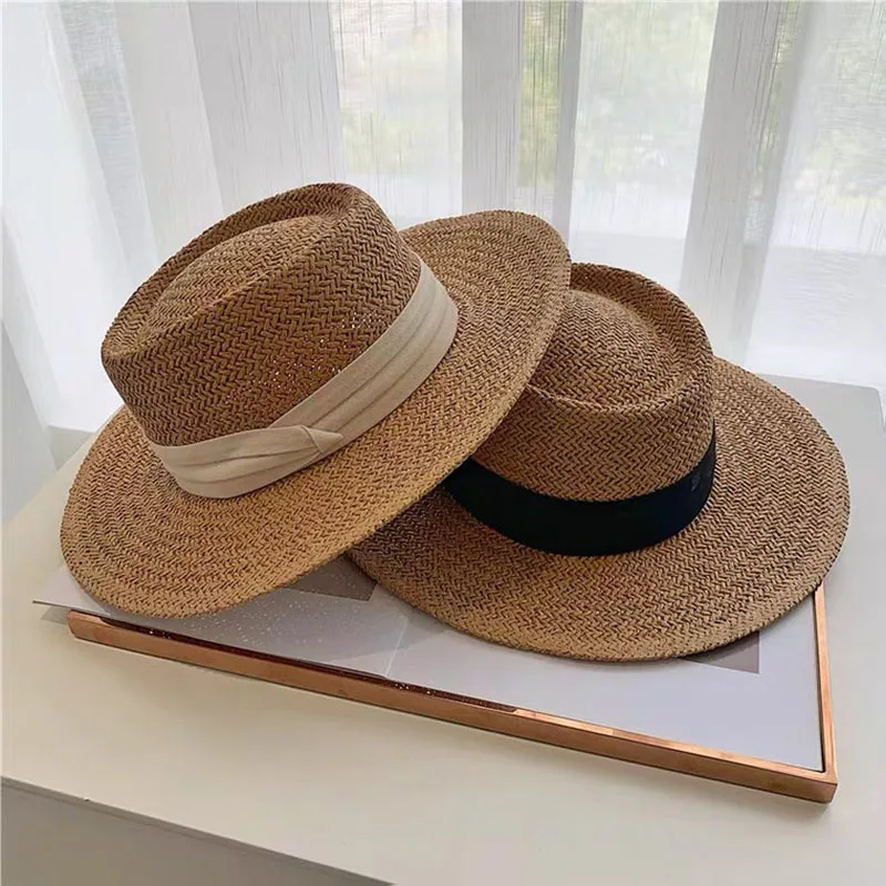 

2022 Simple Summer Parent-child Beach Hat Female Casual Panama Hat Lady Brand Women Flat Brim Bowknot Straw Cap Girls Sun Hat