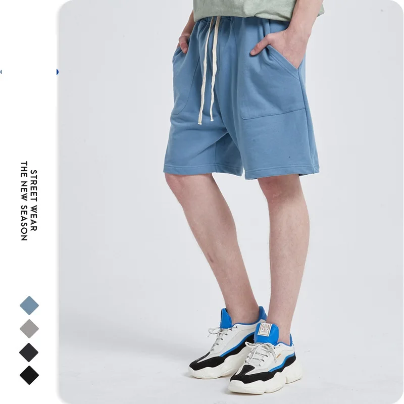 Summer new fashion high street men's shorts ins wind five sports casual retro cotton pocket solid color British men's shorts