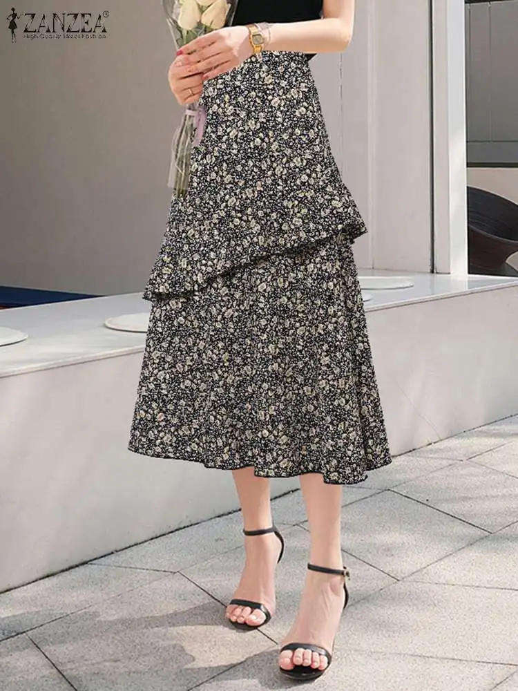 

ZANZEA Fashion Floral Print Midi Skirt Ruffles Stitching Skirts Women Elegant 2023 Summer High Waist Jupes Bohemian A-line Falda