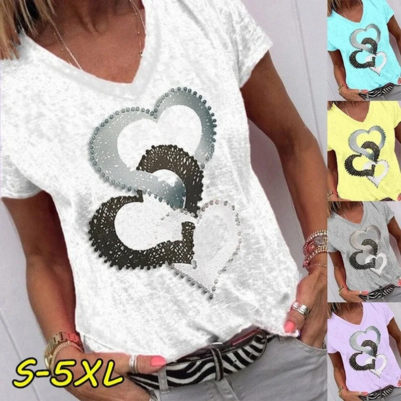 

Fashion Heart Print T-Shirts Women Summer Casual V-Neck Short Sleeve Blouses Shirts Ladies Solid Color Loose Tops Cotton Tshirt