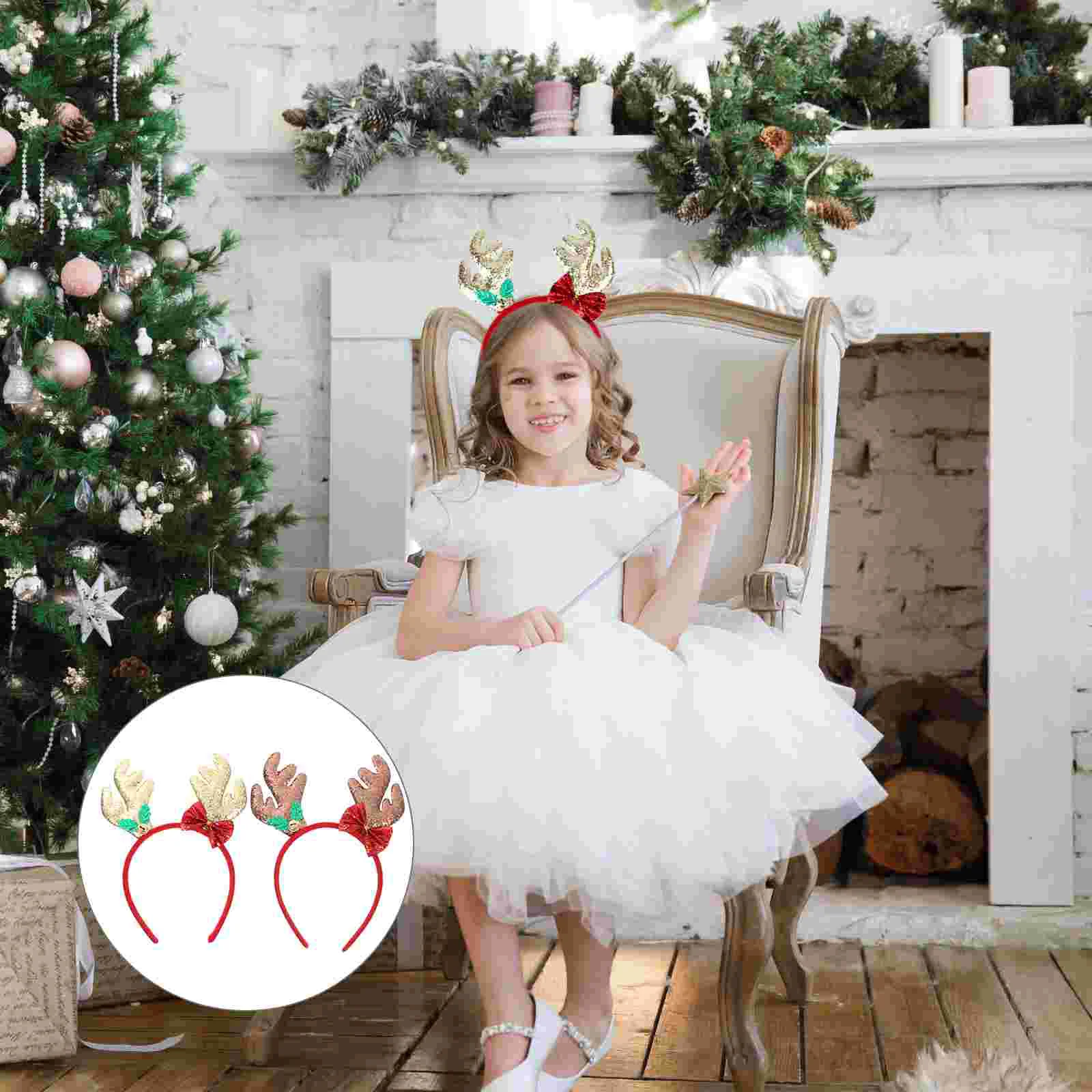 

2 Pcs Christmas Antler Headband Headdress Party Headpiece Hair Ties Xmas Glitter Headwear Bands Deer Sequins Hoop Powder