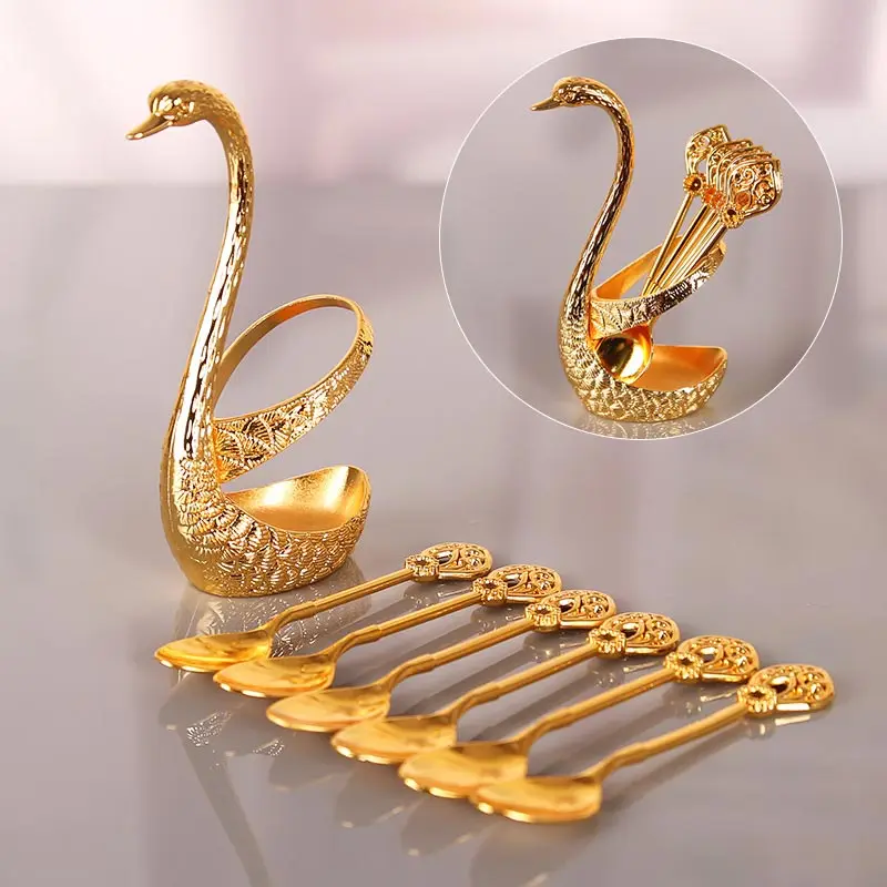 

Creative Stainless Steel Decorative Dinnerware Set Swan Base Holder With 6 Spoons For Coffee Fruit Dessert Stirring Mix
