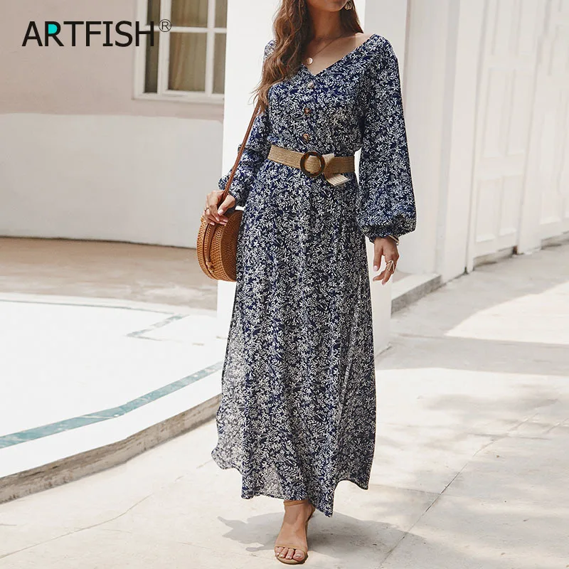 

Maxi Dress Split Elegant 2022 Autumn Dress Vintage Femme Robe Retro Floral Printed Women Boho Dress Lantern Sleeve V-neck M0610