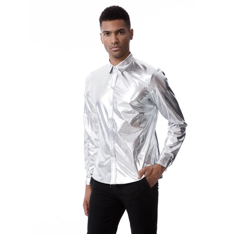 Mattswag Shiny Metallic Long Sleeve Dress Shirts High Quality Social Nightclub Men's Clothing Fashion Party Prom Chemise Homme