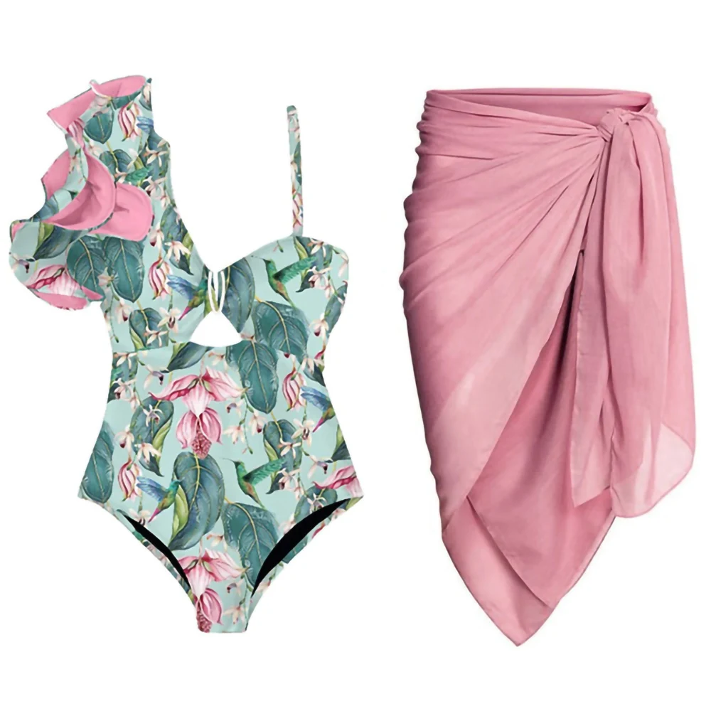 

Fashion One Shoulder Ruffled Pleated Swimsuit Sling Hollow One Piece Bikini Sexy Backless Slim Beachwear Elegant Strap Cover Up