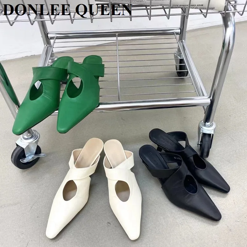 

Fashion Pointed Toe Women Slippers Slip On Mules Med Heels Luxury Brand Outsides Slides Elegant Ladies Shoes Sandals Green Mujer