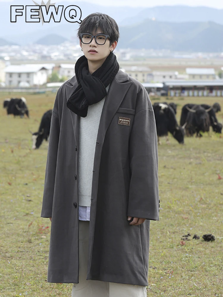

FEWQ Men's Woolen Coat Warm Winter Turn-down Collar Solid Color Male Thickened Long Trench 2023 Autumn Korean Temperament 24A969