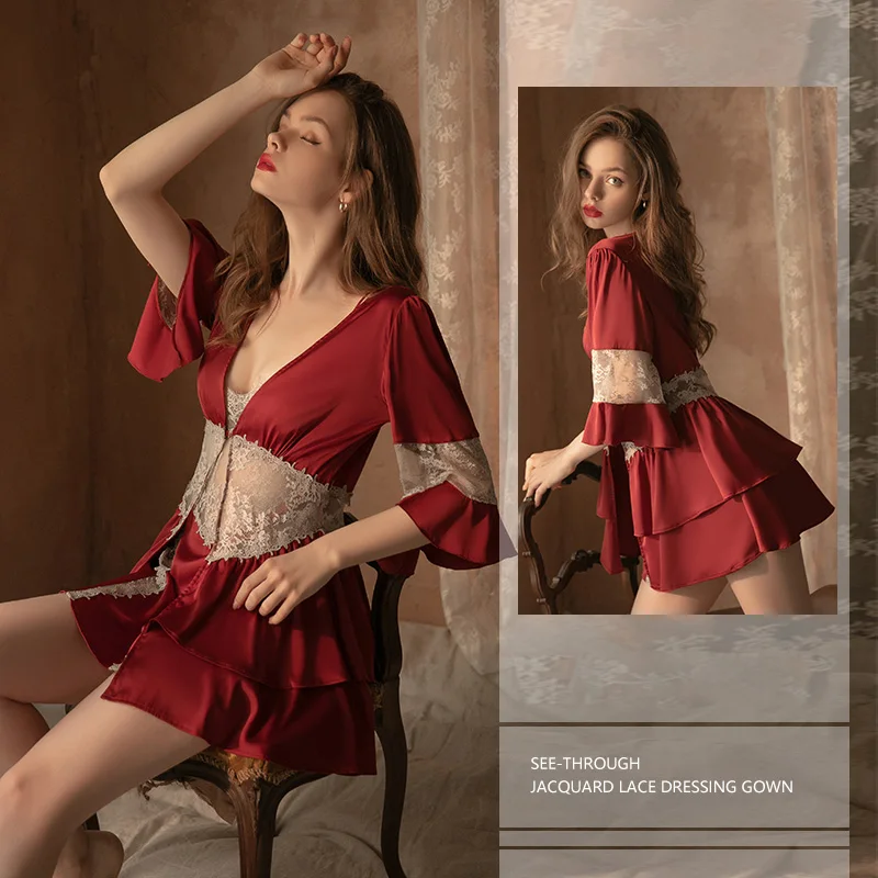 Women Pajamas Sexy Silk Robe Deep V Side Slit Temptation Nightgowns Suspenders Nightdress Lace Robe Female Homewear Suit Nightie