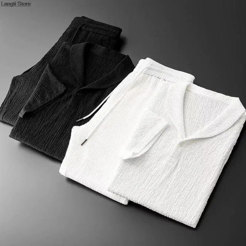 2Pcs/Set Summer Thin Casual Sports Suit Men Pleated Short Sleeve T Shirt + Long Pants Two Piece Set Male Outfit Tracksuit
