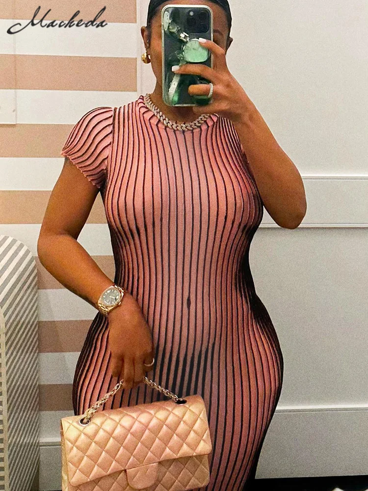 

Macheda Striped Print Party Club Long Dresses Women Summer 2023 Trendy Sexy See Through Night Out Bodycon Maxi Dress vestido