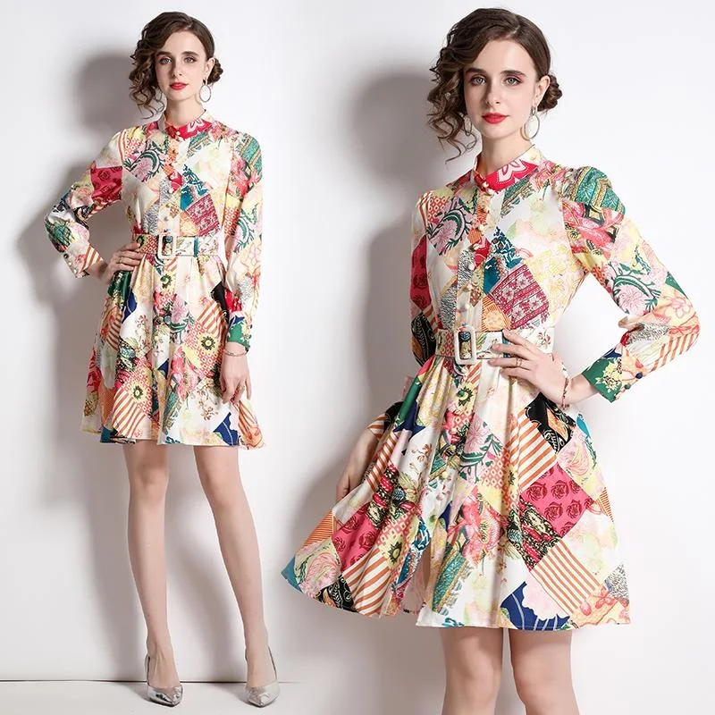 

Flower Colorful Printed Single Breasted Feminino Autumn Women Dresses Slim Belt Corest Bodycon Knee Length Leisure Cute Vestidos