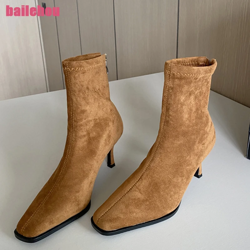 

New Autumn Zipper Ankle Short Boots For Women 2023 Square Toe Ladies Modern Booties Female Shoes Fashion Black Thin Heels Pumps