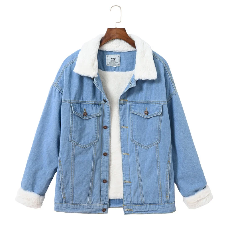 

2023 Winter Denim Coat Women Faux Rabbit Hair Liner Jacket Fleece Thicken Warm Overcoat Female Oversize Loose Jeans Outerwear