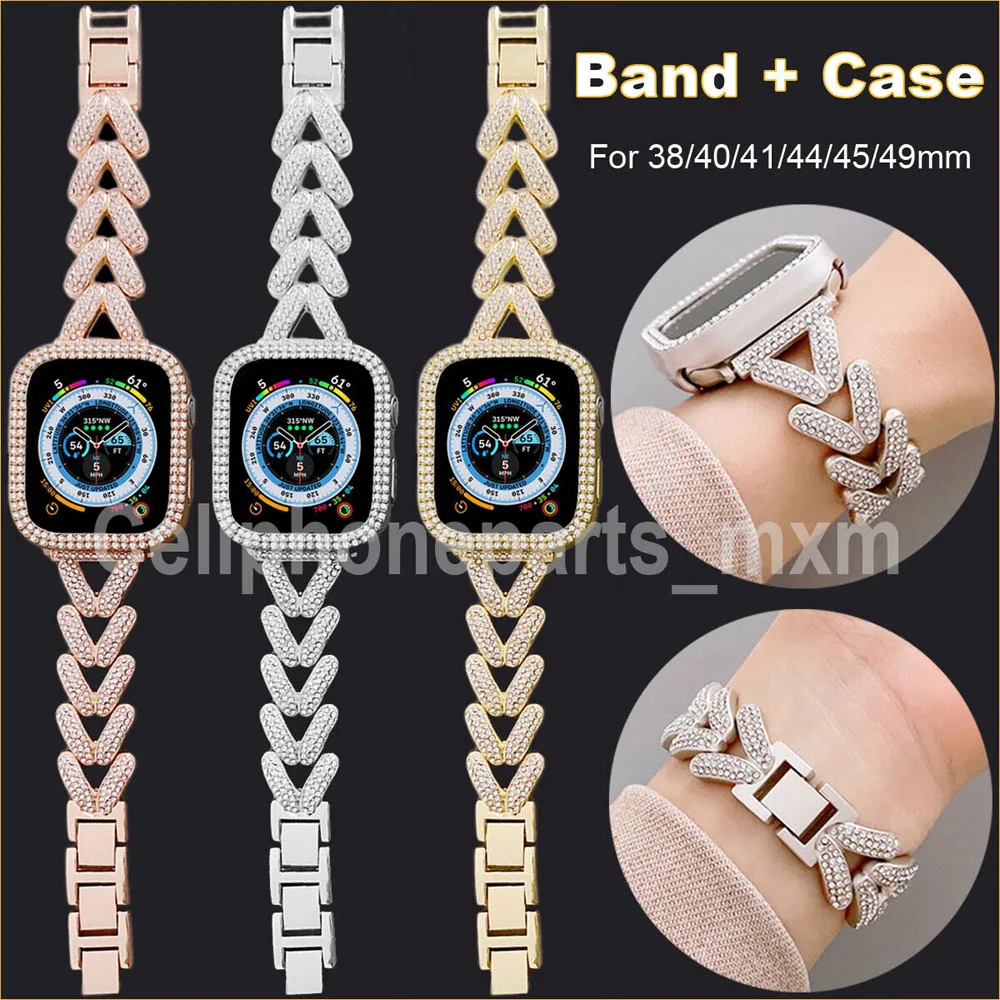 

Metal Band Strap +Bling Diamond Case Ultra 49mm For Apple Watch Series 8 7 6 5 4 45mm 40mm 44mm 38 42mm Stainless Steel Bracelet