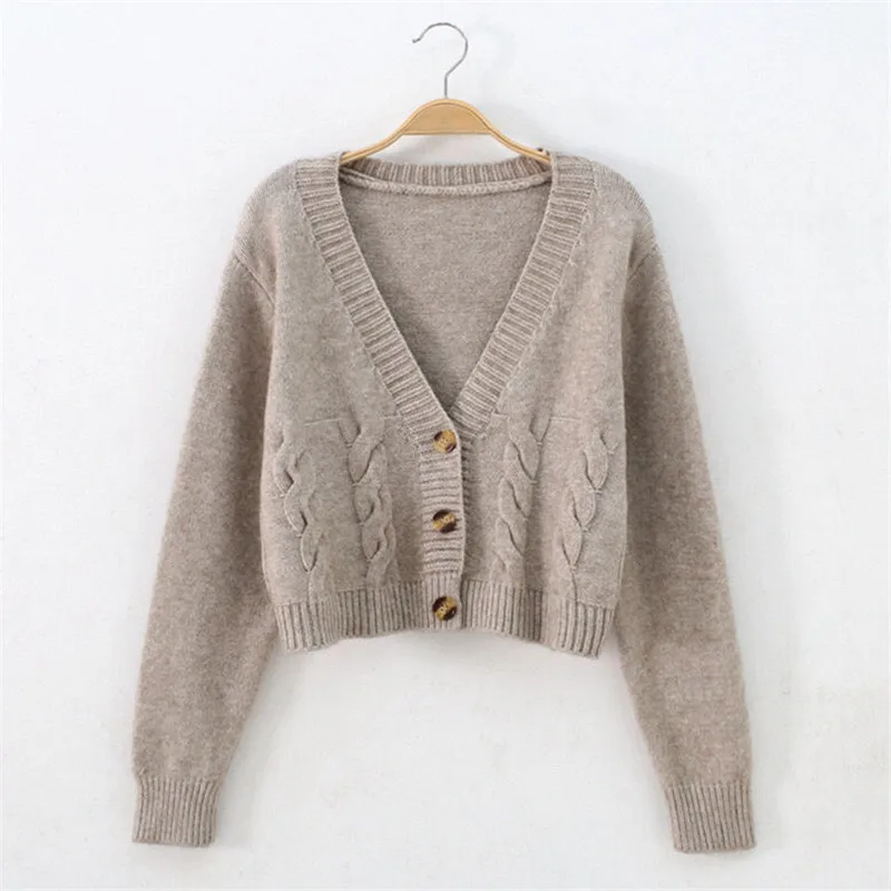 Korean Style Cardigans Women Spring Short Cropped Cardigan Button Up V neck Twisted Knitted Sweater Sueter Feminino Ropa Mujer