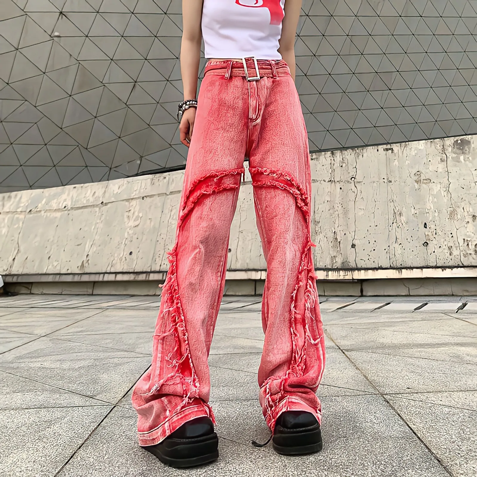 

American Style Vintage Washed Raw Edge Fashion High Waist Casual Trousers Wide Leg Jeans Women Y2k Streetwear Baggy Pink Pants