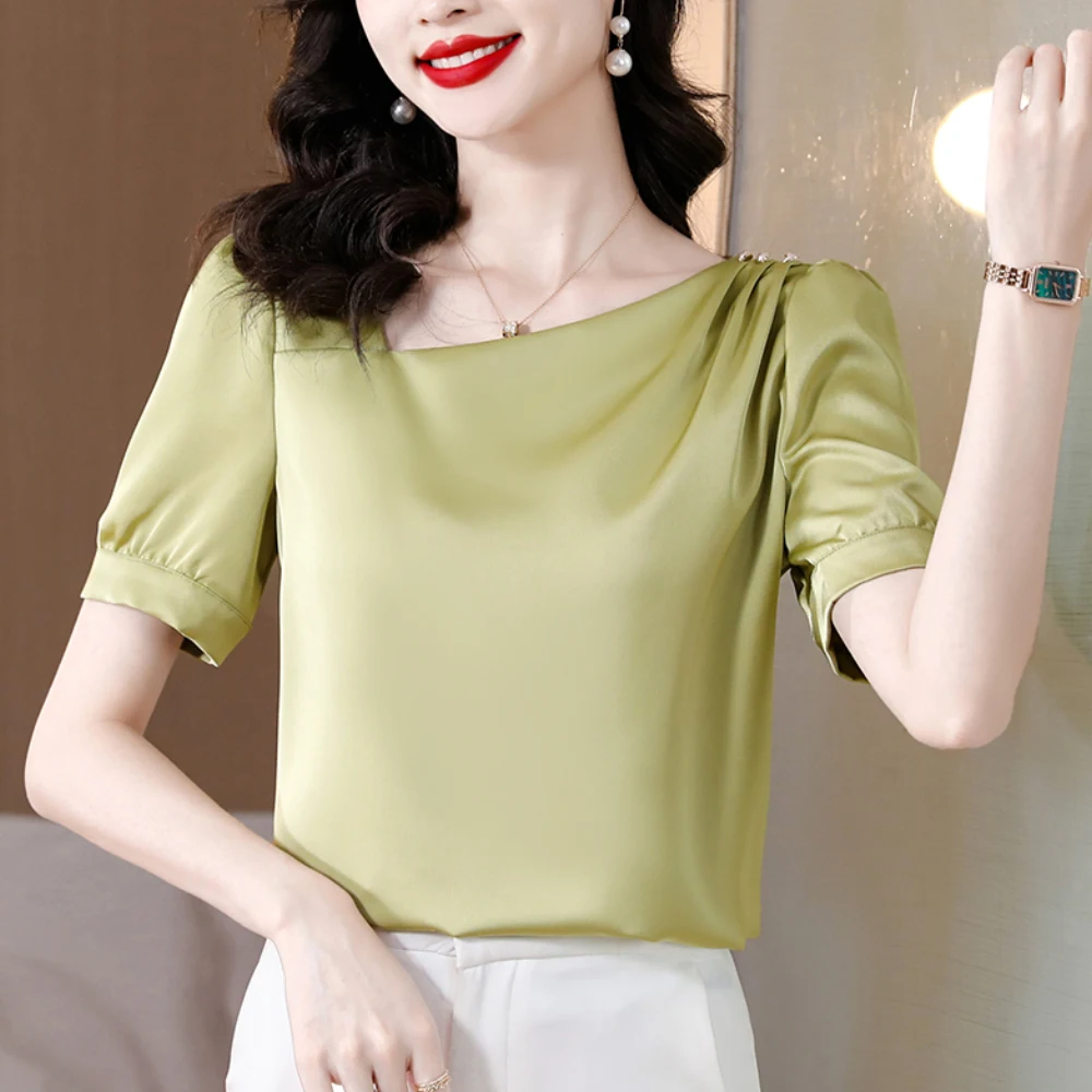

Женская шифоновая рубашка с коротким рукавом, однотонная элегантная повседневная офисная Базовая Блузка в Корейском стиле, Новое поступление на лето