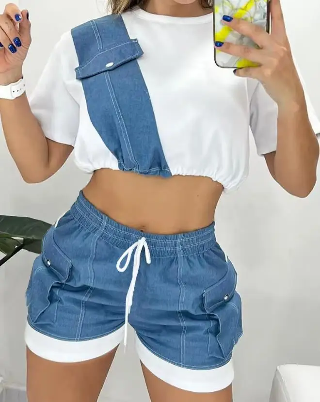 

Two Piece Sets Womens Outifits 2023 Summer Fashion Colorblock Patchwork Round Neck Short Sleeve Crop Top & Drawstring Shorts Set