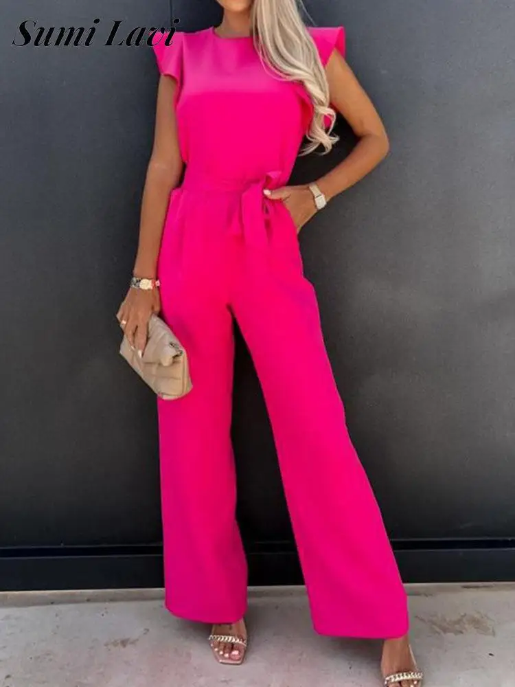 

Summer Sleeveless Lace Up Straight Playsuit Fashion O Neck Ruffle Long Jumpsuit Lady Elegant Solid With Pocket Wide Leg Overalls
