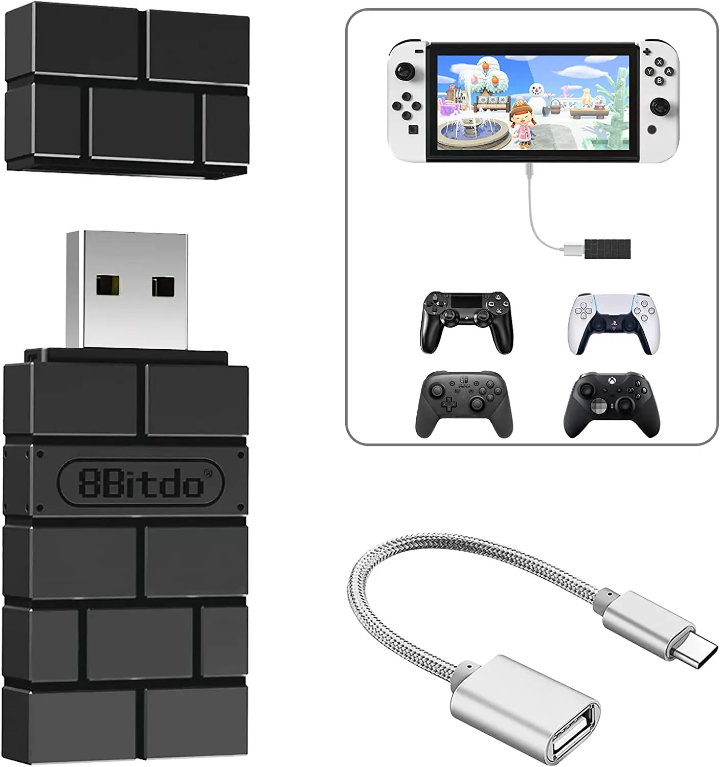 8Bitdo Wireless USB Adapter 2  with Cable OTG For Switch/Switch OLED, Windows and X PS5/PS4/PS3, Xbox Series X/S Controller