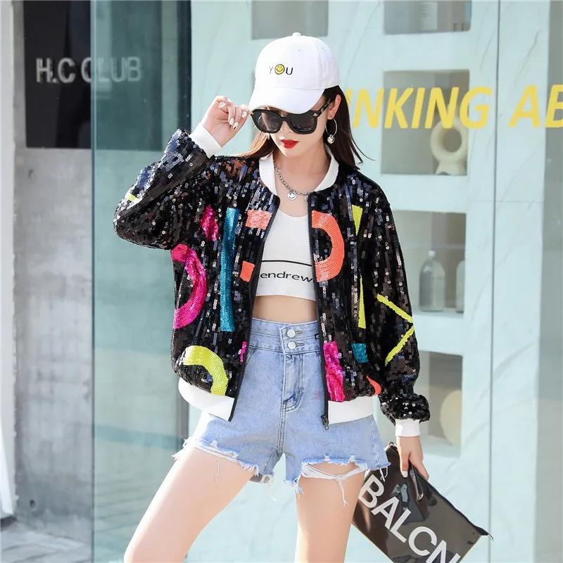 

Новинка весна-осень 2023, модная женская куртка с блестками и длинным рукавом, простая Женская бейсбольная форма с буквенным принтом, пальто