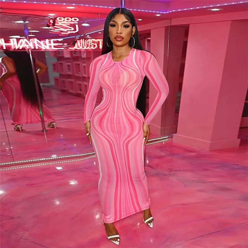 

Pink See Through Sexy Dresses Woman Clothes Striped Long-Sleeve One-pieces Bodycon Dress Black Long Dresses