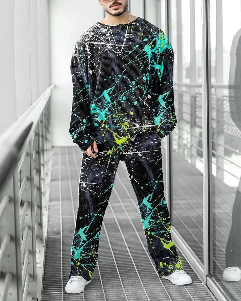 Men's Tracksuit Set Crew Neck Long Sleeve Sweater Sweatpants Two-piece Outfits Striped Color 3D Printed Sports Loose Casual Suit