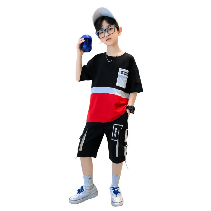 

Children's Clothing Boys' Short-Sleeved T-shirt Summer Patchwork Tops and Shorts Cotton Clothes for Kids 5 7 9 11 13 14Years Old