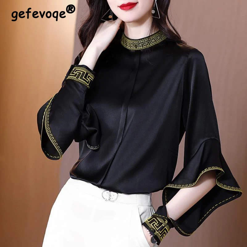 

Spring Autumn Stand Collar Embroidery Shirt Lady Hollow Out Long Sleeve Blusa All-match Pullover Top Women Elegant Loose Blouse