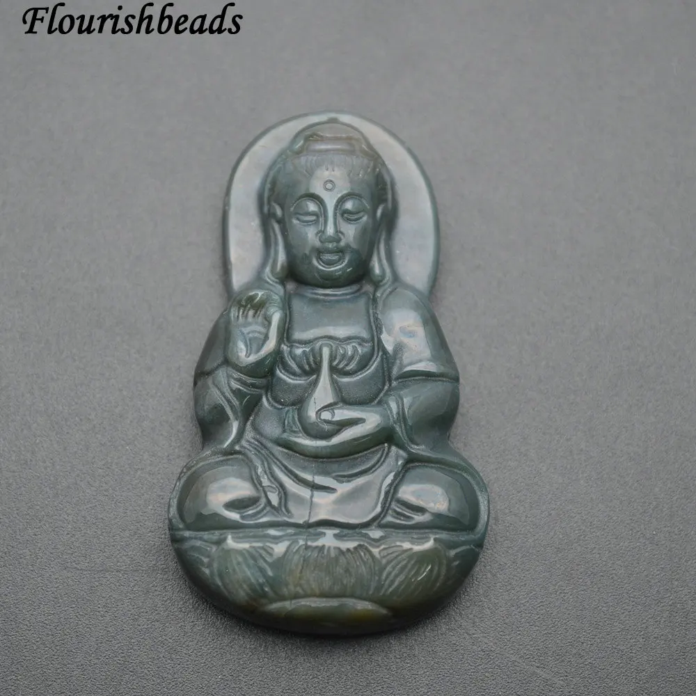 

Natural Green India Agate Carved Guanyin Buddha Stone Pendant fit Buddhist Jewelry making
