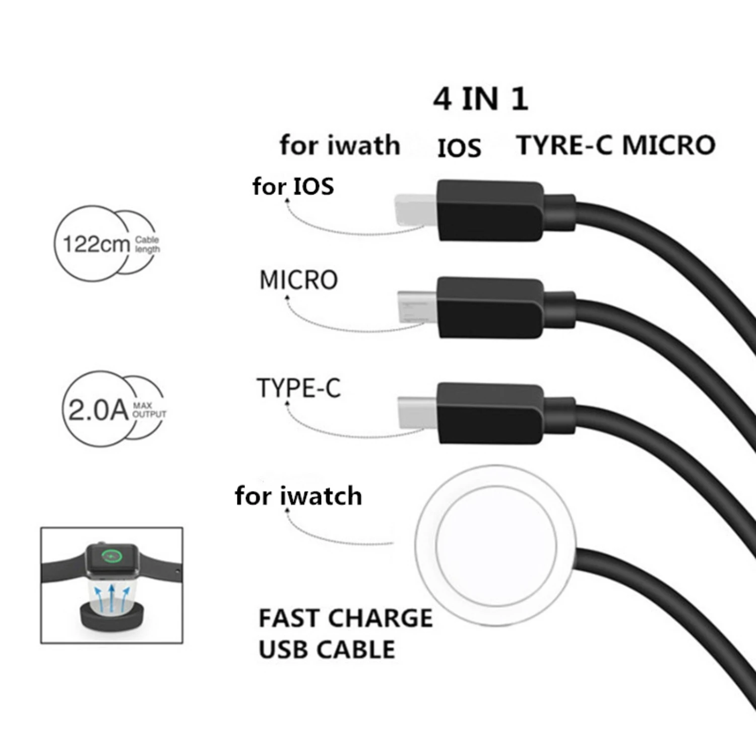 Charger USB Type C Cable Mobile Phone Accessories 4in1,3in1 Micro Magnetic Charging For iPhone Pro Max Apple Watch Xiaomi Redmi