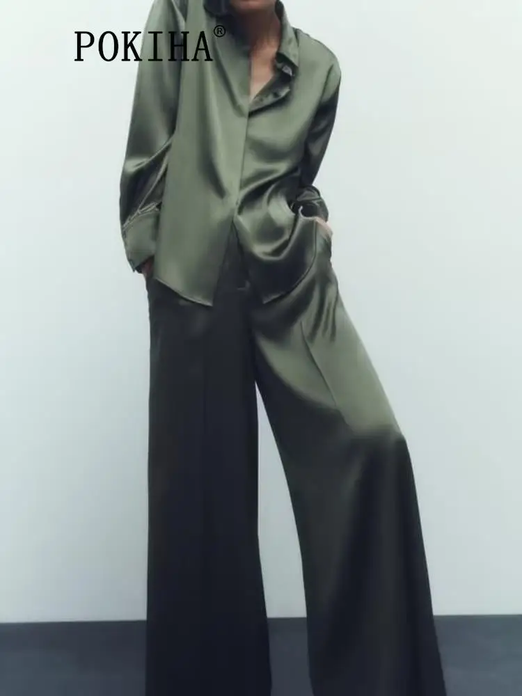 

Pokiha Fashion Women Vintage Satin Long Sleeve Front Button Shirt Tops And Casual Wide Leg Pants Chic Female 2 Piece Sets Mujer