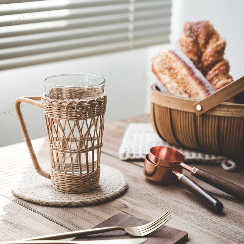 

Nordic Pure Handmade Mug Creative Rattan Handle Cup Set European Retro Tea Cup Coffee Cup Woven Water Cup To Send Glass Watercup