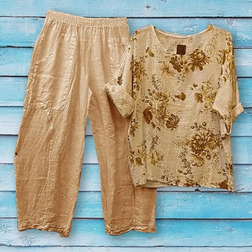 

2 Pcs/Set Chic Crew Neck Flower Print Women Tops Pants Set Comfortable Summer Tops Pants Set Stretchy Waist Female Clothes