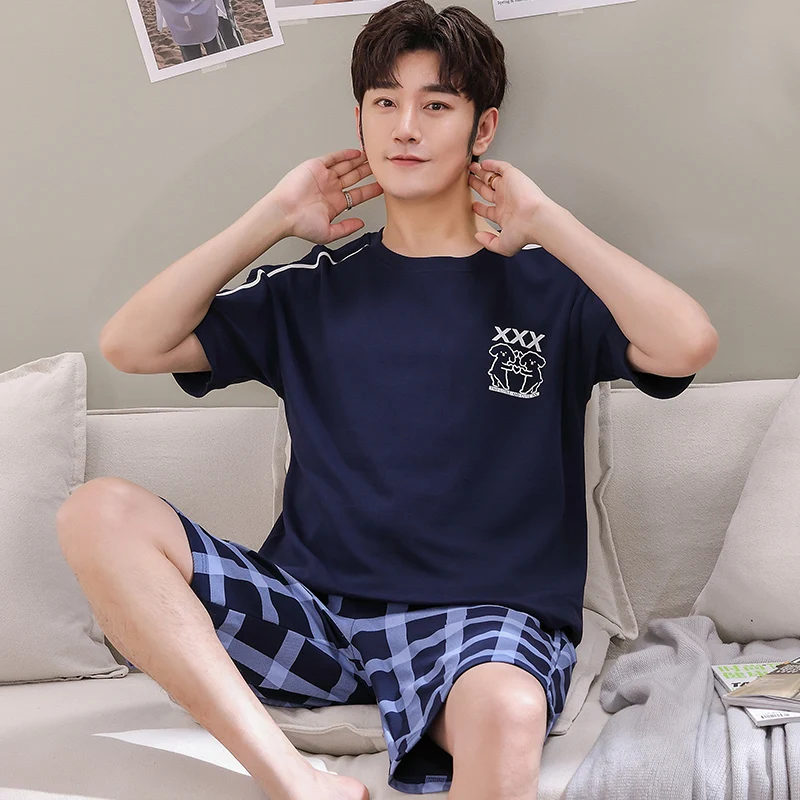 2 Pieces Set Short Sleep Tops Pant Man's Pajamas Set Cotton Sleepwear Summer Thin Homewear Korean Casual pijama masculino