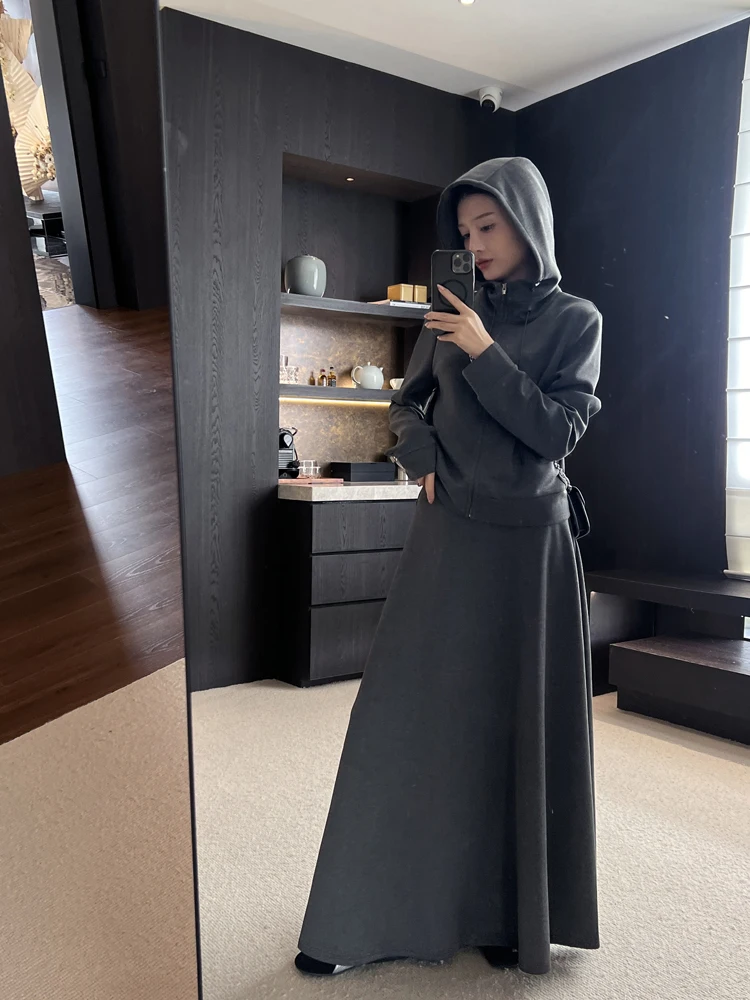 Осенняя одежда Темно-серый костюм-двойка Женская мода Спорт и отдых Толстовка с